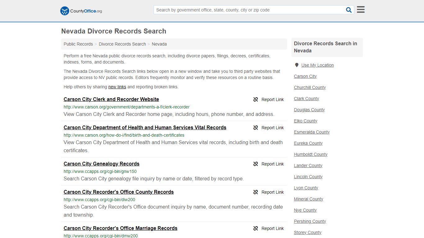 Nevada Divorce Records Search - County Office